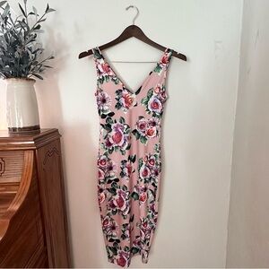 **Zara Floral Bodycon Dress - Size Small, Blush Pink, V-Neck**
